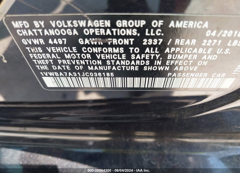 2018 VOLKSWAGEN PASSAT 2.0T SE VIN: 1VWBA7A31JC036185