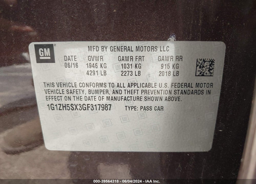 2016 CHEVROLET MALIBU PREMIER VIN: 1G1ZH5SX3GF317987