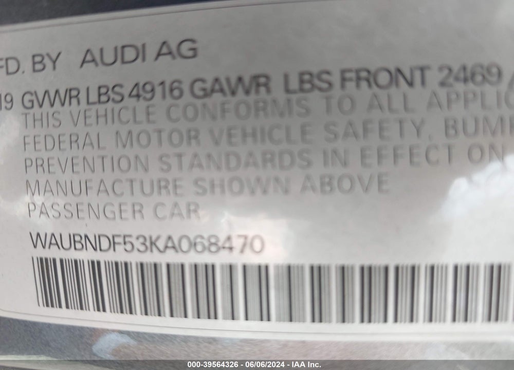 2019 AUDI A5 45 PREMIUM VIN: WAUBNDF53KA068470