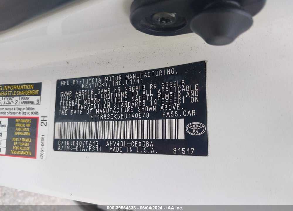 2011 TOYOTA CAMRY HYBRID VIN: 4T1BB3EK5BU140678