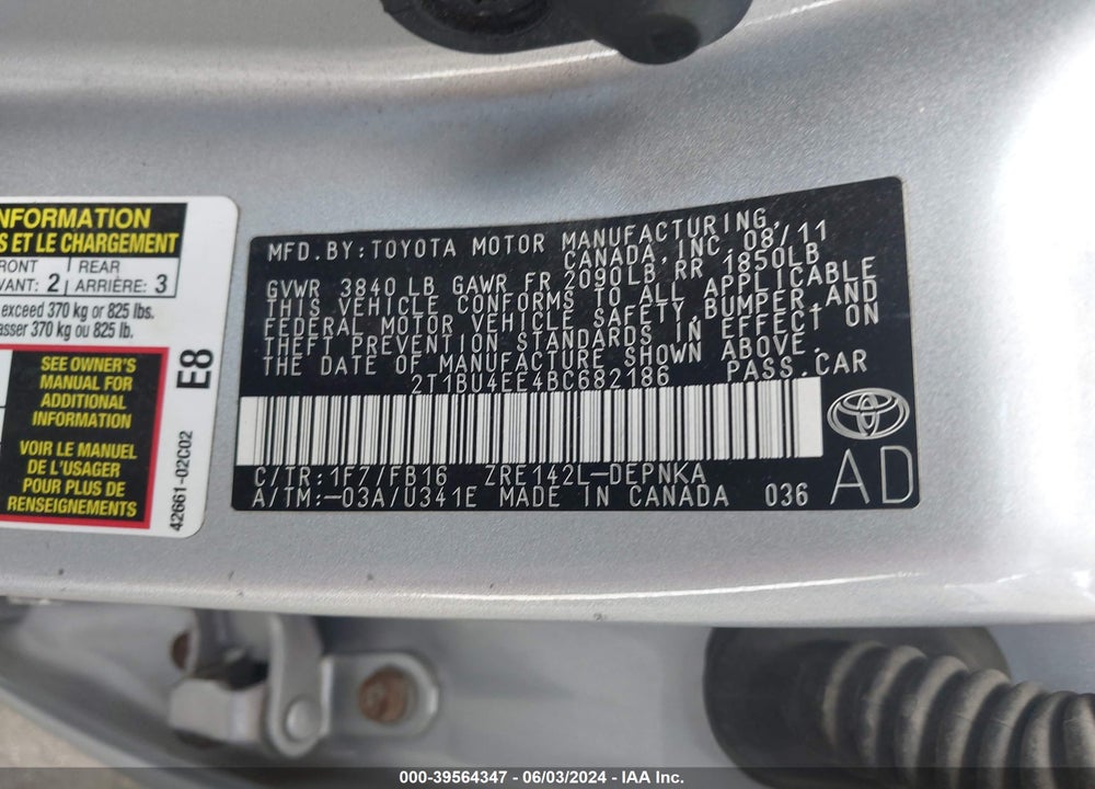 2011 TOYOTA COROLLA LE VIN: 2T1BU4EE4BC682186
