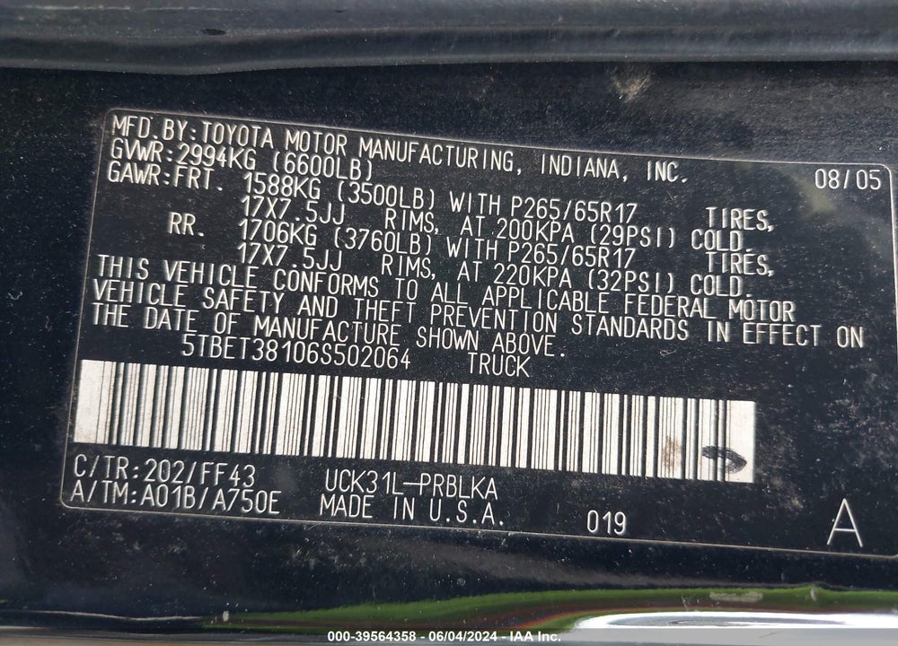 2006 TOYOTA TUNDRA LIMITED V8 VIN: 5TBET38106S502064