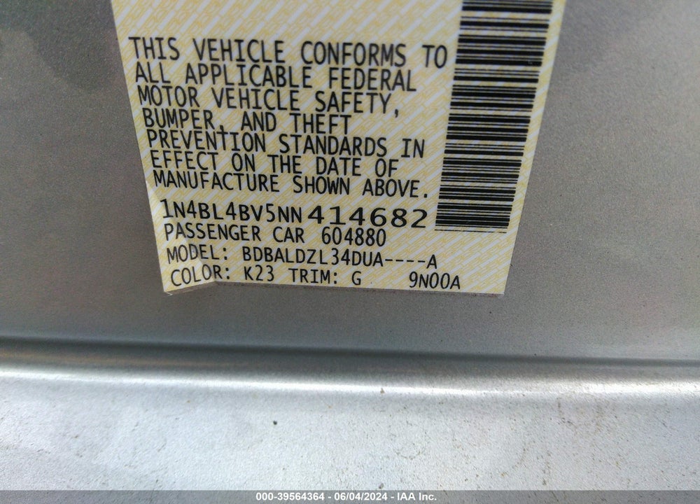 2022 NISSAN ALTIMA S FWD VIN: 1N4BL4BV5NN414682