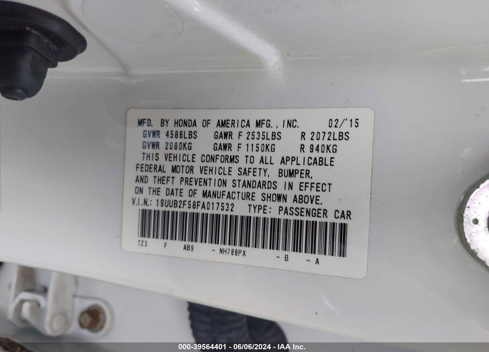 2015 ACURA TLX V6 TECH VIN: 19UUB2F58FA017532