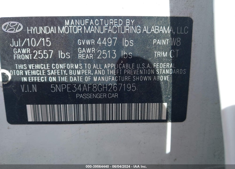 2016 HYUNDAI SONATA SPORT VIN: 5NPE34AF8GH267195