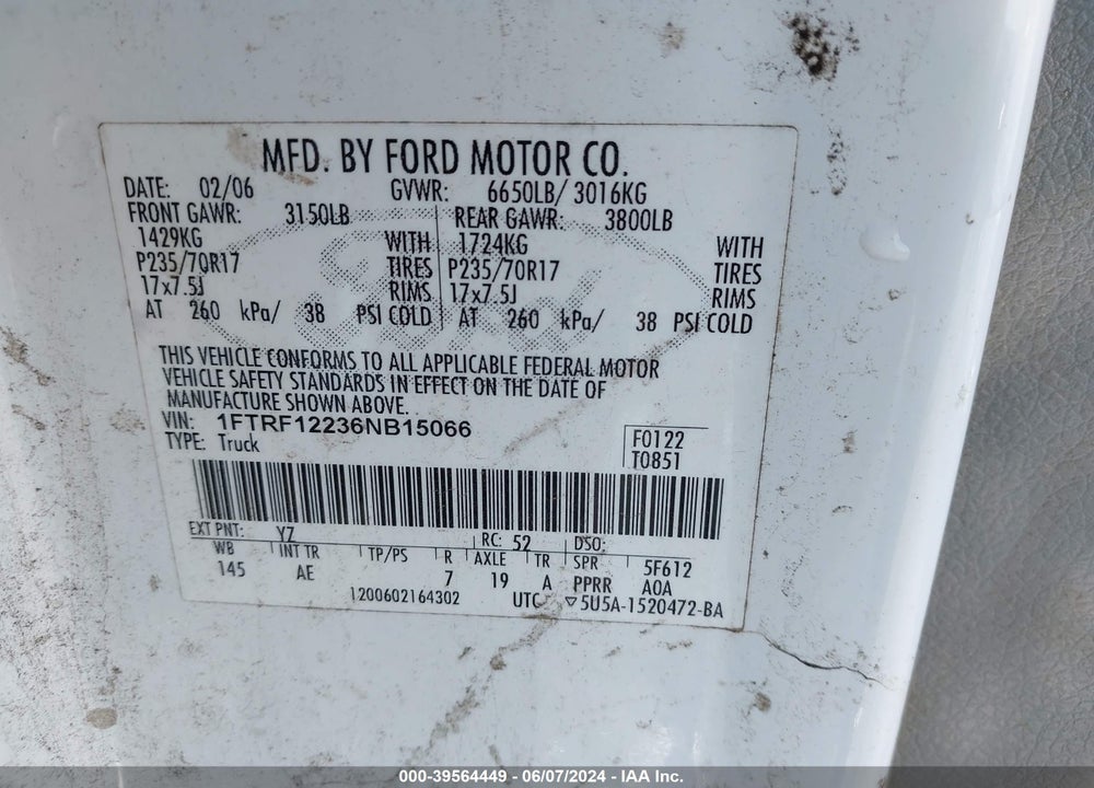 2006 FORD F-150 STX/XL/XLT VIN: 1FTRF12236NB15066