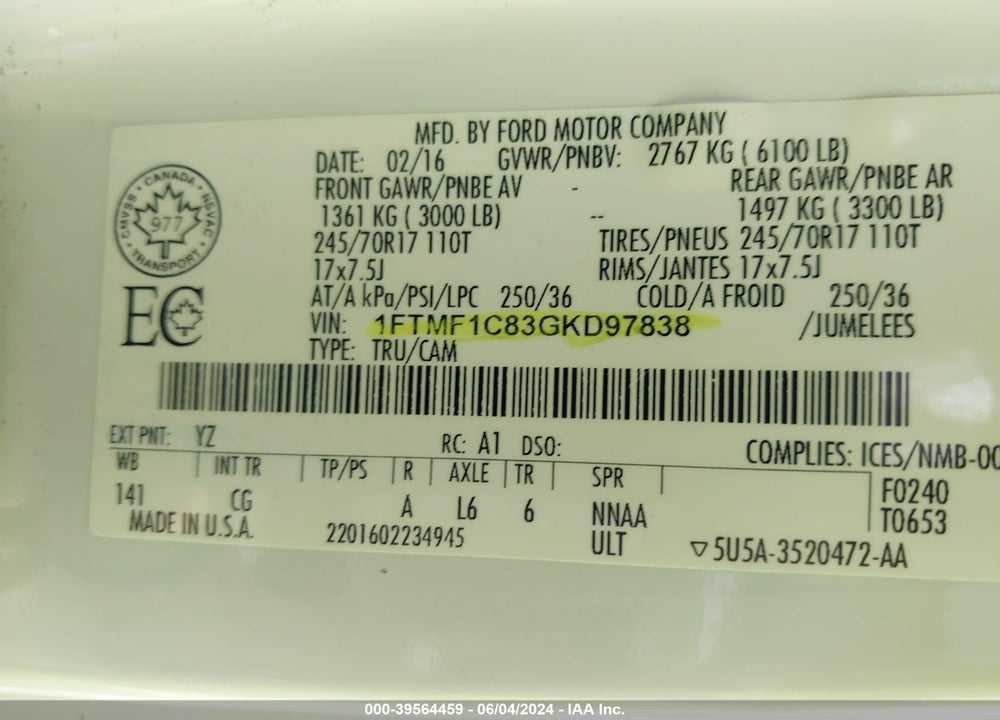 2016 FORD F-150 XL VIN: 1FTMF1C83GKD97838