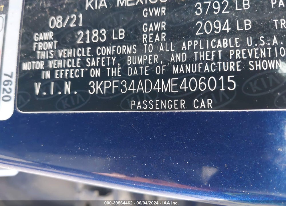 2021 KIA FORTE GT LINE VIN: 3KPF34AD4ME406015
