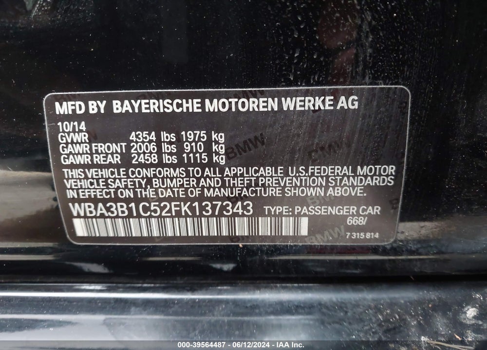 2015 BMW 320I VIN: WBA3B1C52FK137343