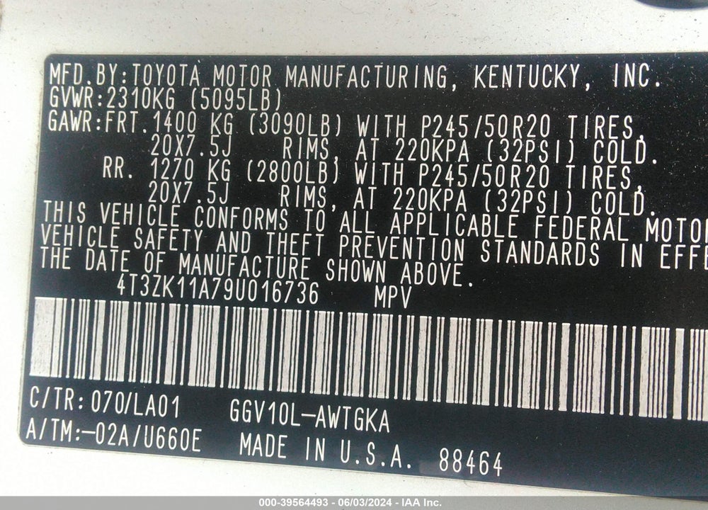 2009 TOYOTA VENZA BASE V6 VIN: 4T3ZK11A79U016736