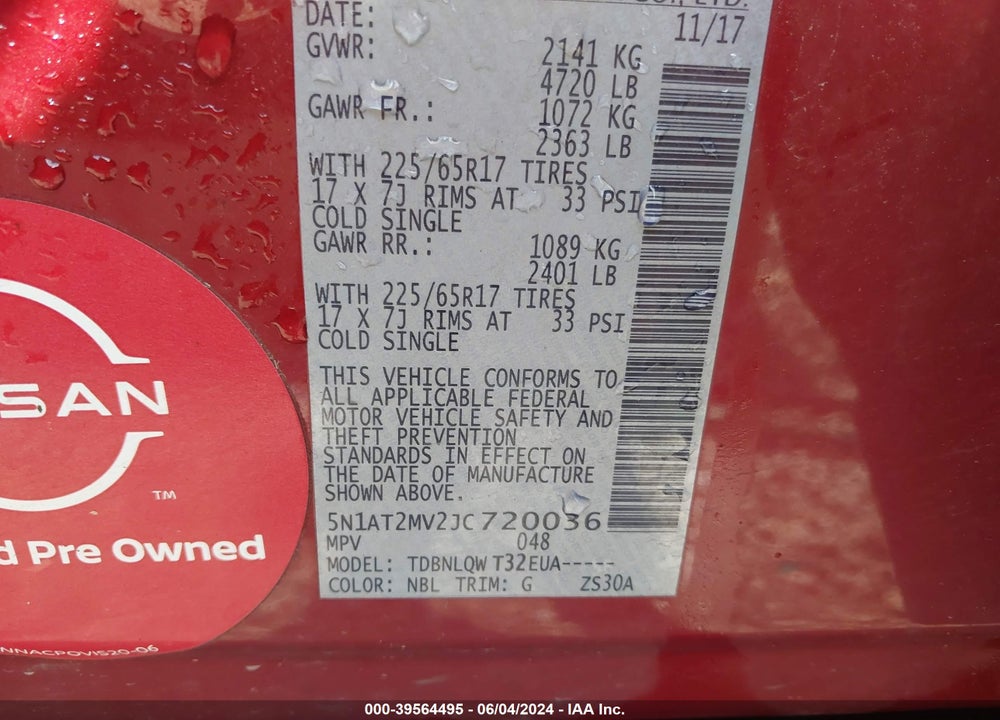 2018 NISSAN ROGUE SV VIN: 5N1AT2MV2JC720036