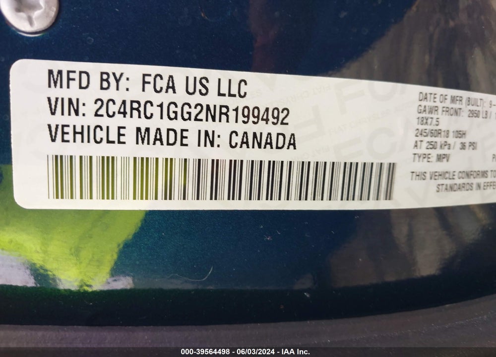 2022 CHRYSLER PACIFICA LIMITED VIN: 2C4RC1GG2NR199492
