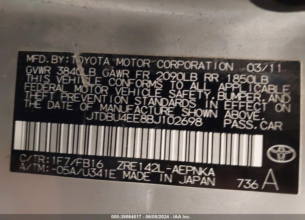 2011 TOYOTA COROLLA LE VIN: JTDBU4EE8BJ102698