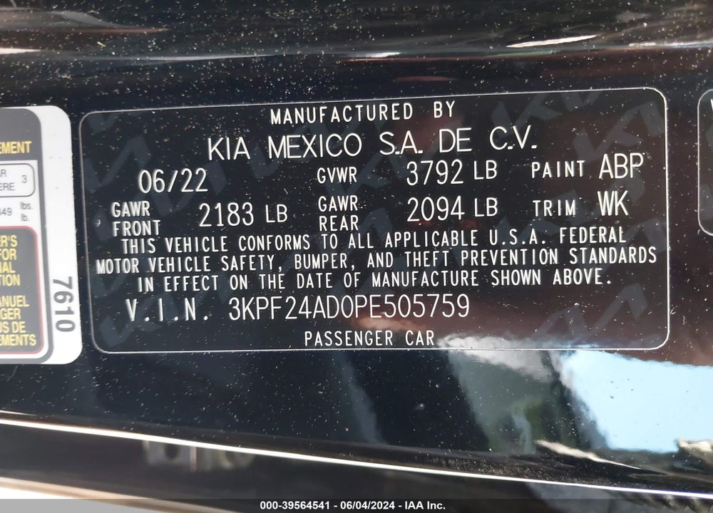 2023 KIA FORTE LXS VIN: 3KPF24AD0PE505759