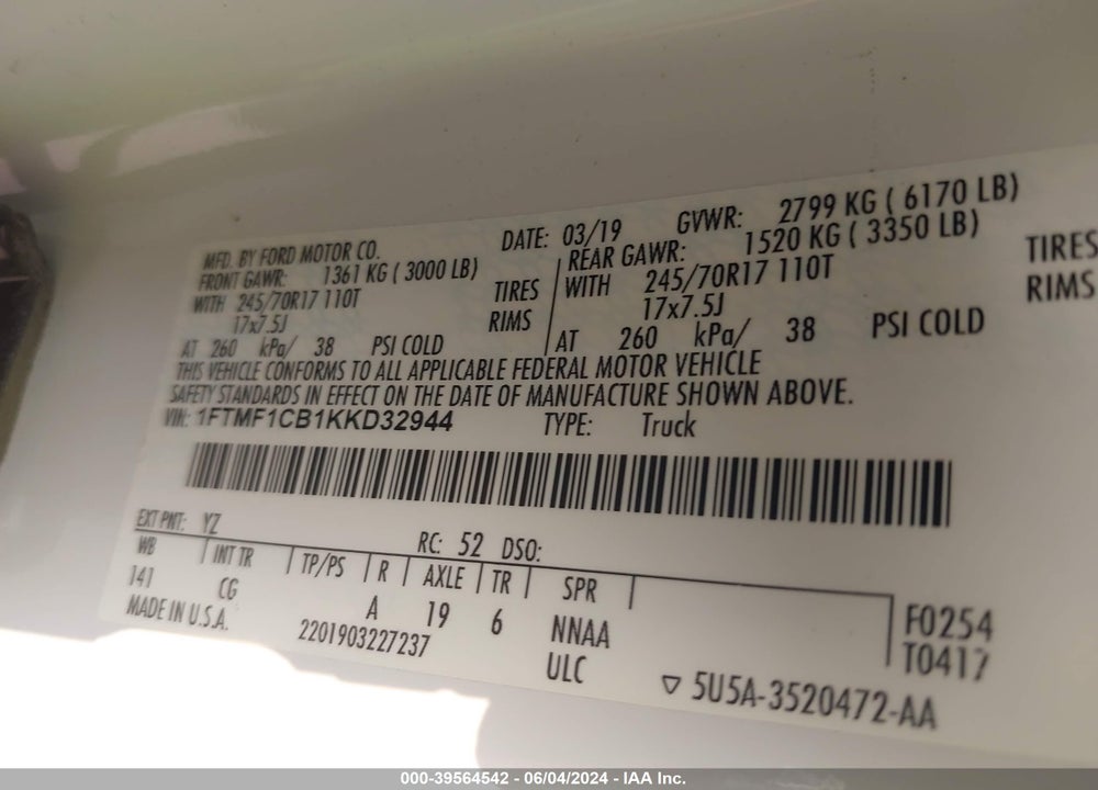 2019 FORD F-150 XL VIN: 1FTMF1CB1KKD32944