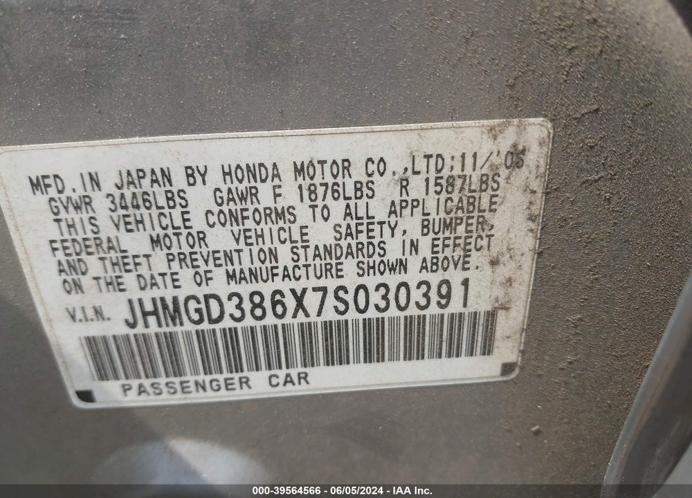 2007 HONDA FIT SPORT VIN: JHMGD386X7S030391