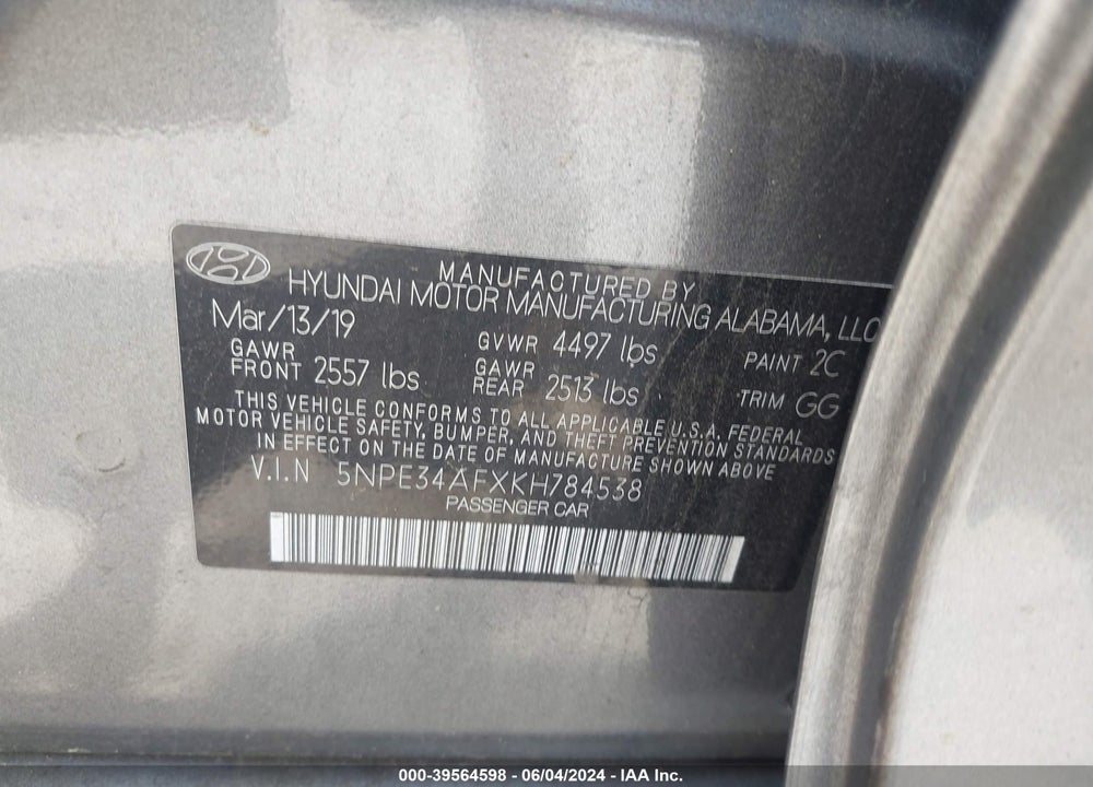 2019 HYUNDAI SONATA SEL VIN: 5NPE34AFXKH784538