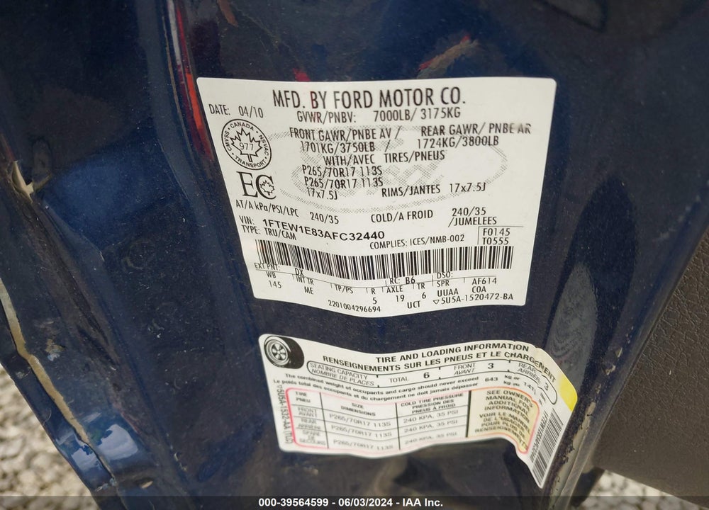 2010 FORD F-150 XLT VIN: 1FTEW1E83AFC32440