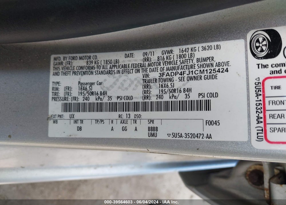 2012 FORD FIESTA SES VIN: 3FADP4FJ1CM125424