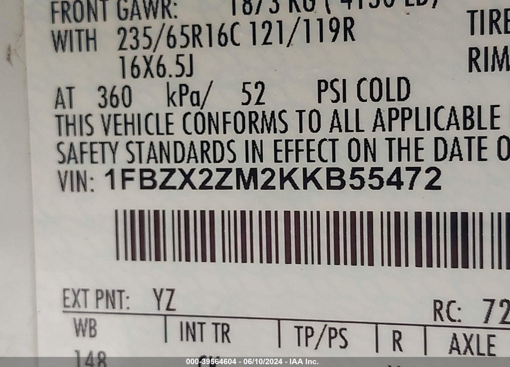 2019 FORD TRANSIT-350 XLT VIN: 1FBZX2ZM2KKB55472