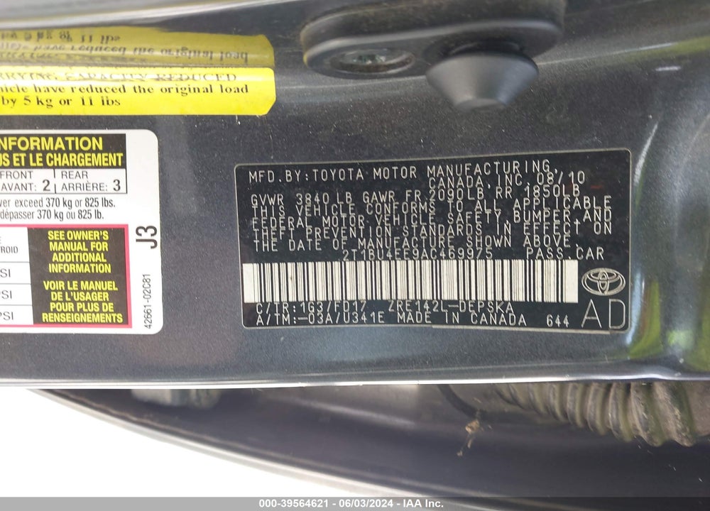 2010 TOYOTA COROLLA S VIN: 2T1BU4EE9AC469975