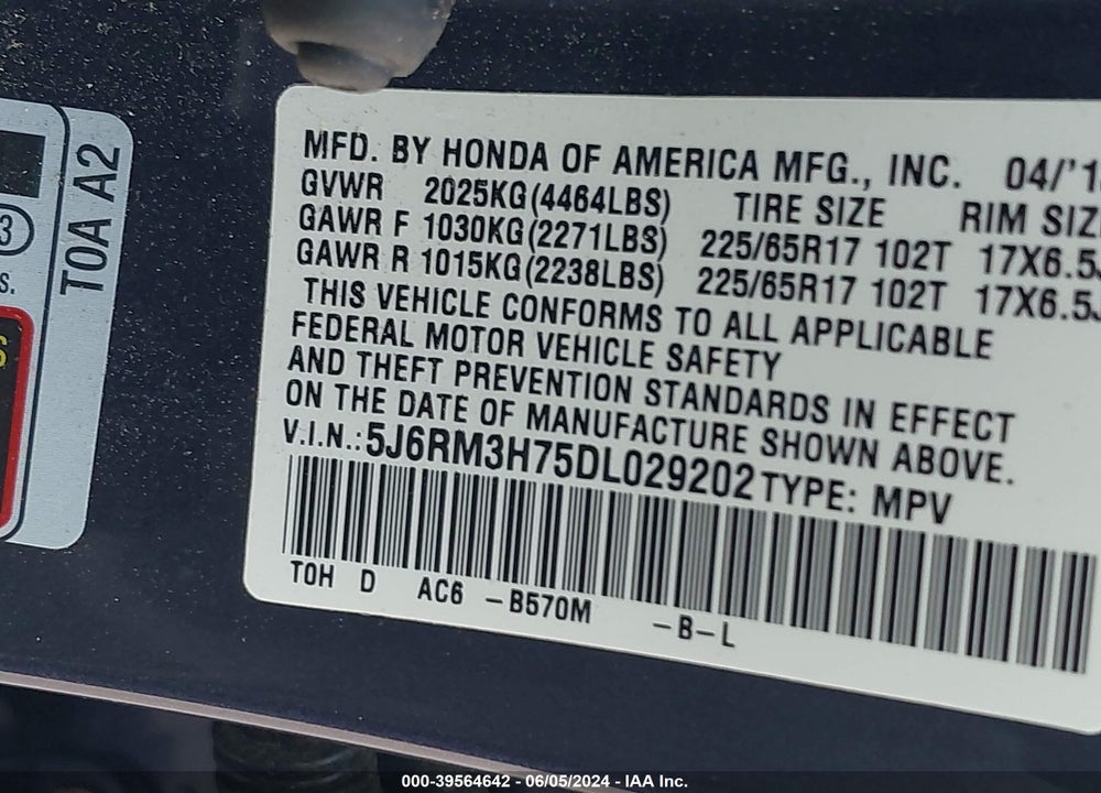 2013 HONDA CR-V EX-L VIN: 5J6RM3H75DL029202