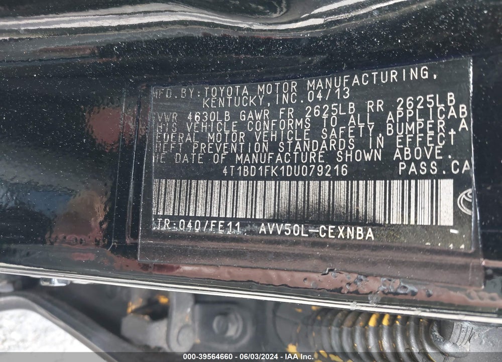 2013 TOYOTA CAMRY HYBRID VIN: 4T1BD1FK1DU079216