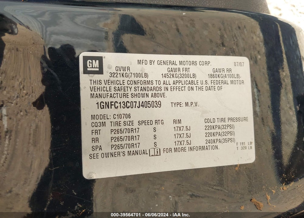 2007 CHEVROLET TAHOE VIN: 1GNFC13C07J405039