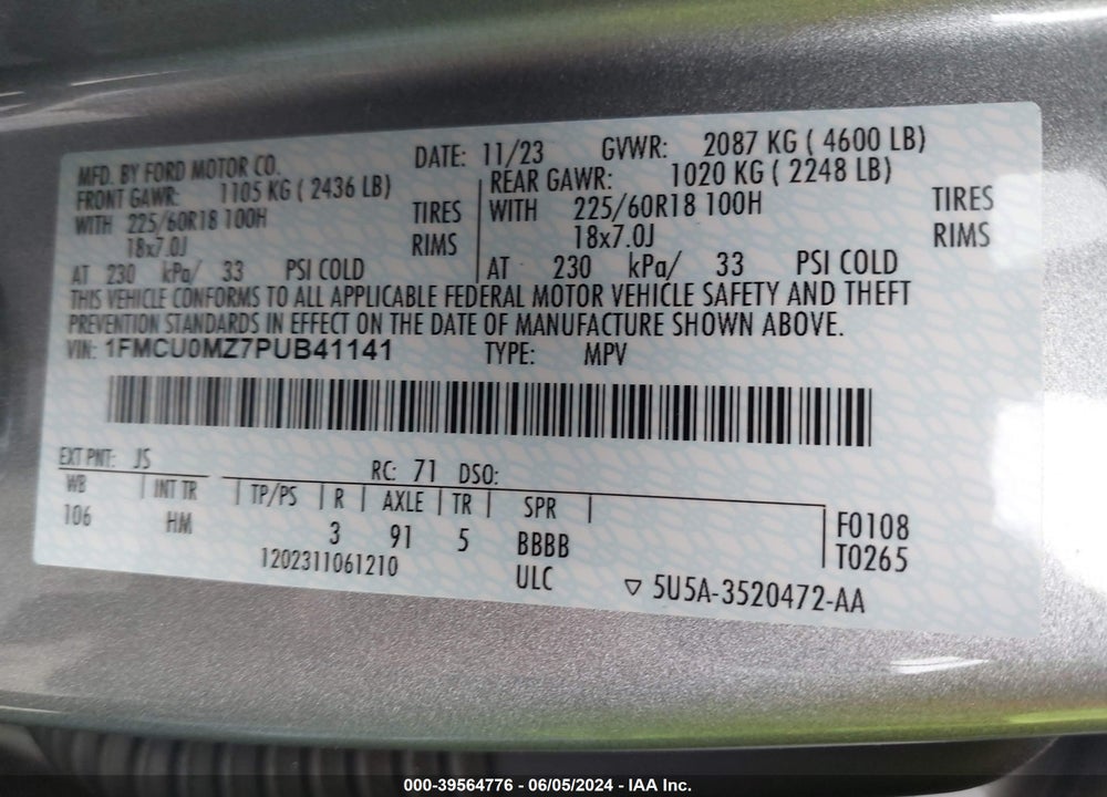 2023 FORD ESCAPE ST LINE VIN: 1FMCU0MZ7PUB41141