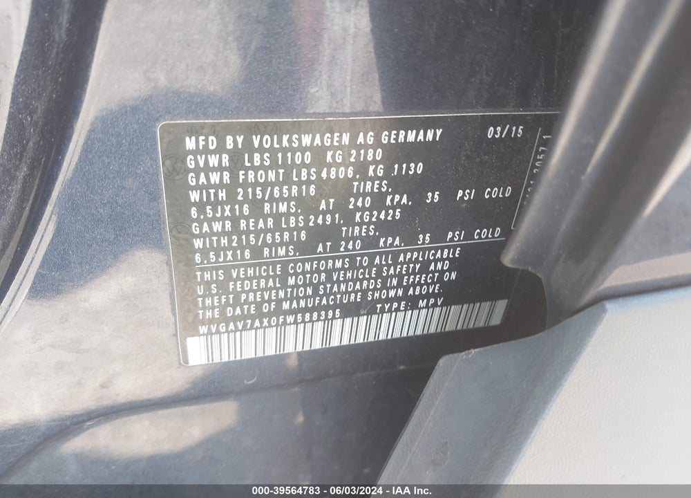 2015 VOLKSWAGEN TIGUAN S VIN: WVGAV7AX0FW588395