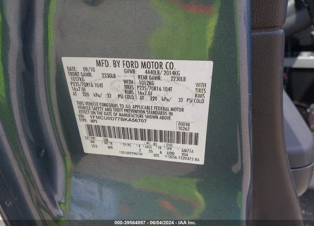 2011 FORD ESCAPE XLT VIN: 1FMCU0D77BKA56707