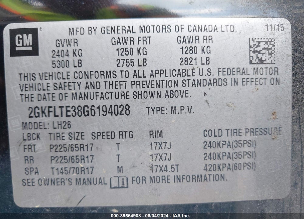 2016 GMC TERRAIN SLE-2 VIN: 2GKFLTE38G6194028