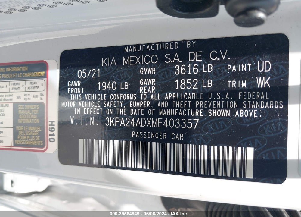 2021 KIA RIO LX VIN: 3KPA24ADXME403357