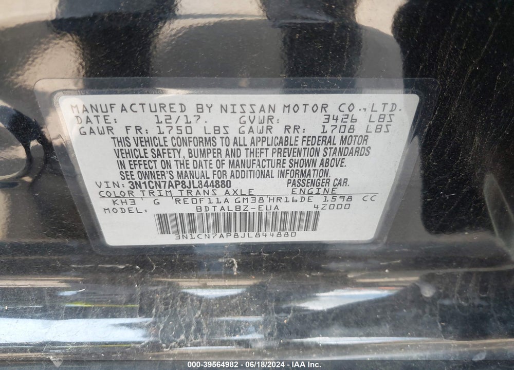 2018 NISSAN VERSA 1.6 SV VIN: 3N1CN7AP8JL844880