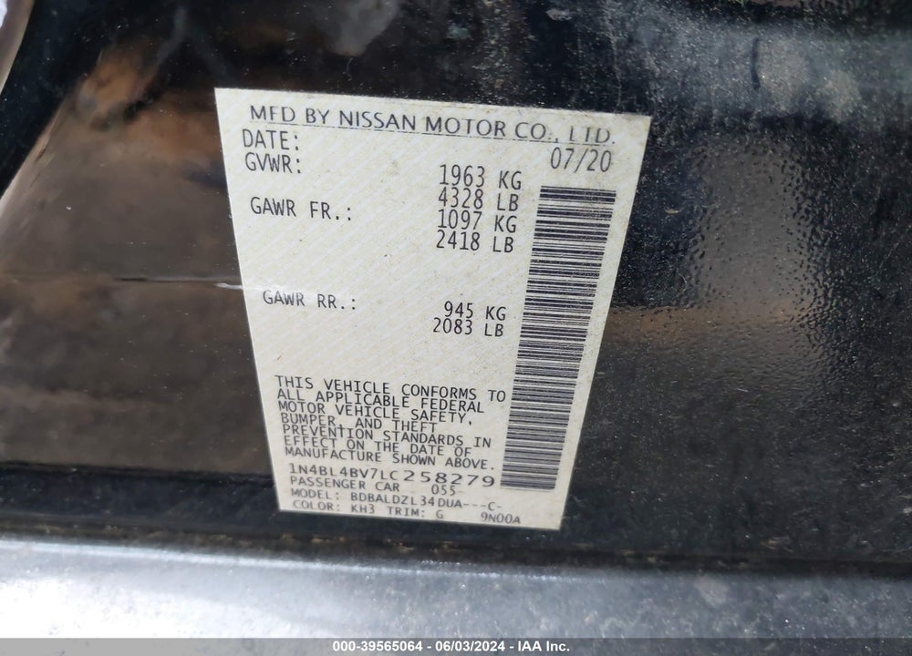 2020 NISSAN ALTIMA S FWD VIN: 1N4BL4BV7LC258279