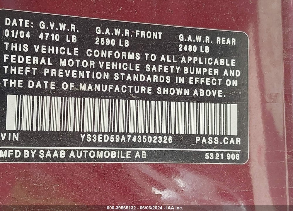 2004 SAAB 9-5 ARC VIN: YS3ED59A743502326