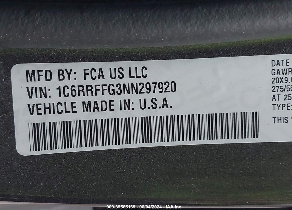2022 RAM 1500 LONE STAR 4X4 5'7 BOX VIN: 1C6RRFFG3NN297920