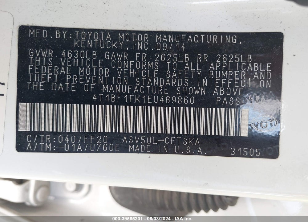 2014 TOYOTA CAMRY SE VIN: 4T1BF1FK1EU469860