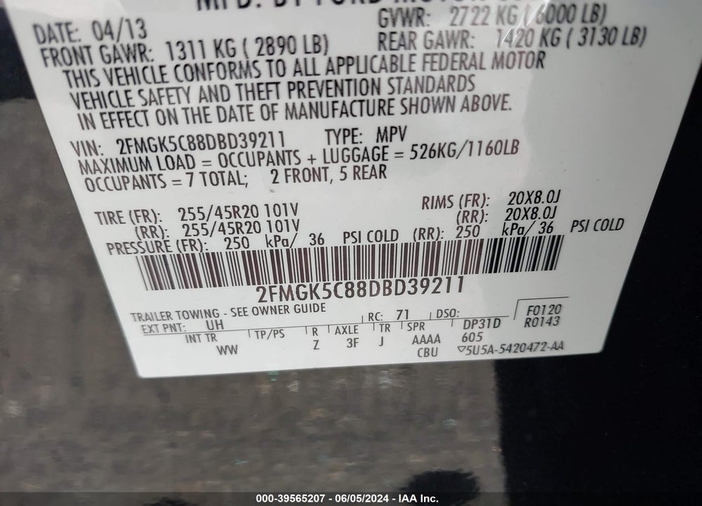 2013 FORD FLEX SEL VIN: 2FMGK5C88DBD39211