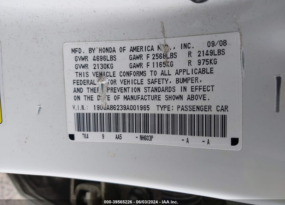 2009 ACURA TL 3.5 VIN: 19UUA86239A001965