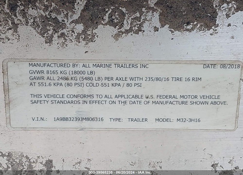 2018 ALL MARINE TRAILERS INC TRAILER VIN: 1A9BB3239JM806316