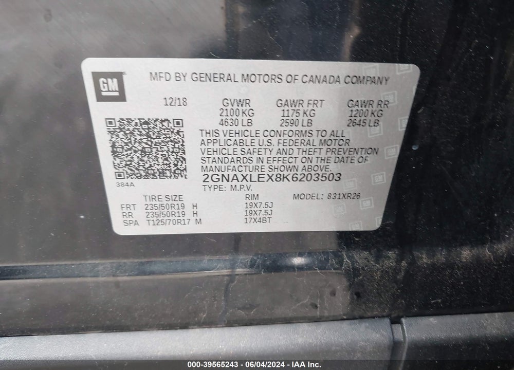 2019 CHEVROLET EQUINOX LT VIN: 2GNAXLEX8K6203503