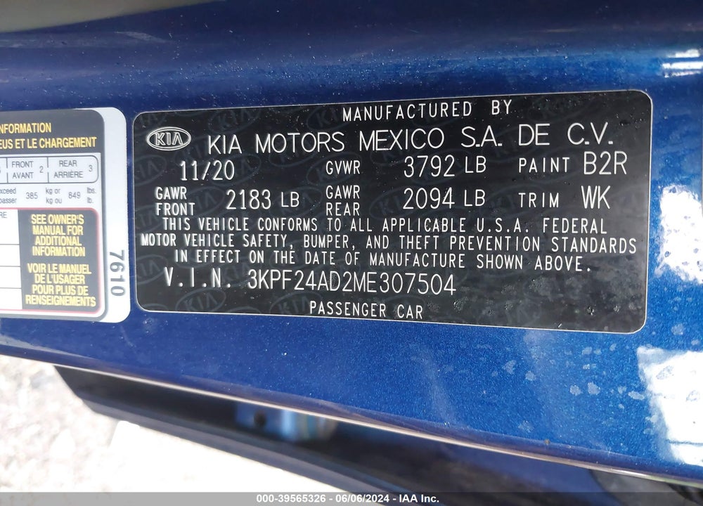 2021 KIA FORTE VIN: 3KPF24AD2ME307504