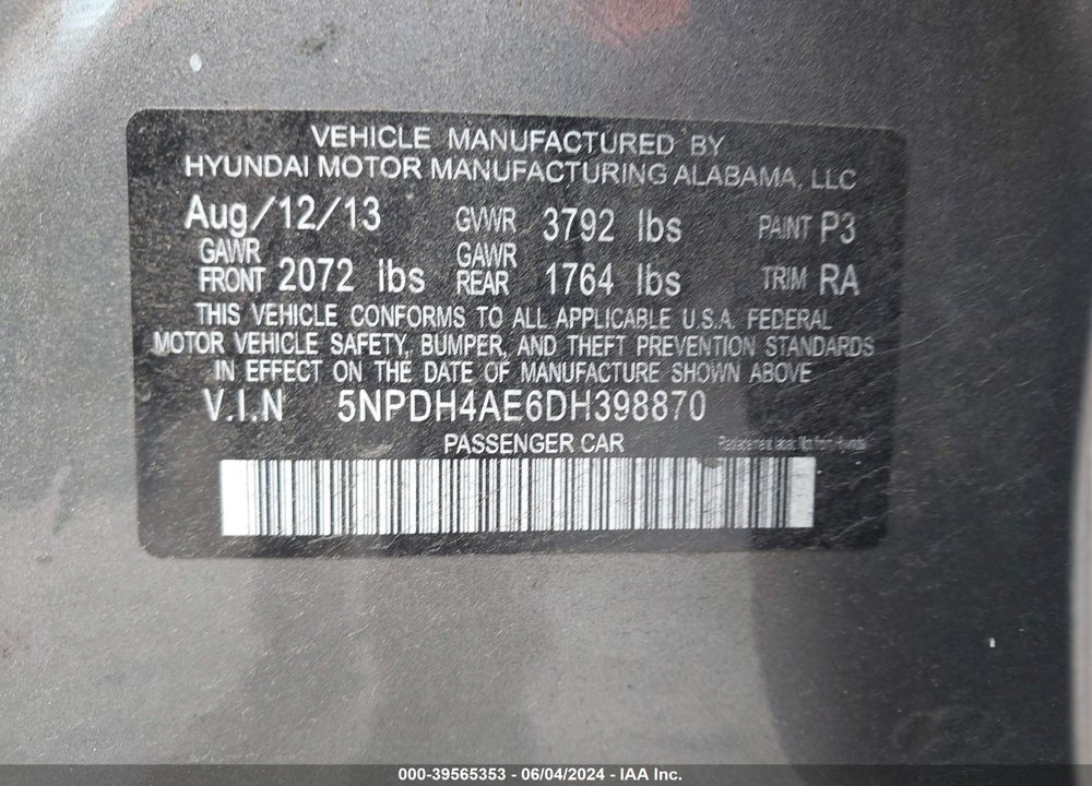 2013 HYUNDAI ELANTRA GLS VIN: 5NPDH4AE6DH398870