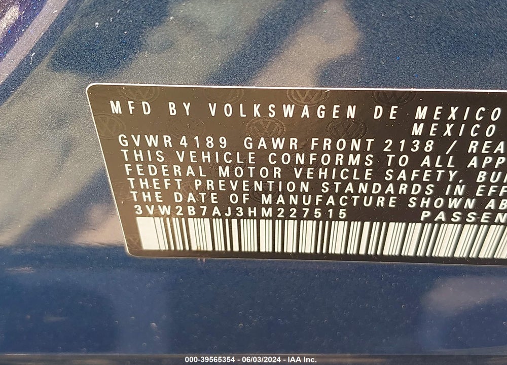 2017 VOLKSWAGEN JETTA VIN: 3VW2B7AJ3HM227515