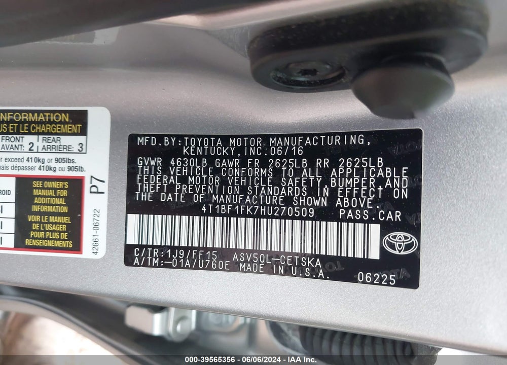 2017 TOYOTA CAMRY SE VIN: 4T1BF1FK7HU270509