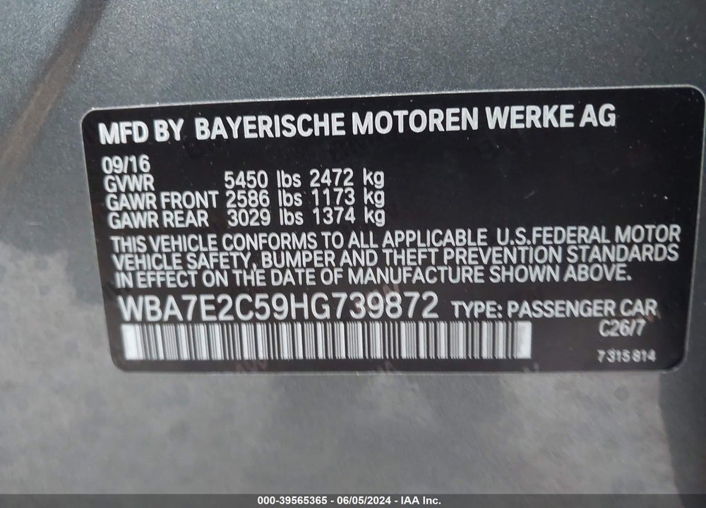 2017 BMW 740I VIN: WBA7E2C59HG739872