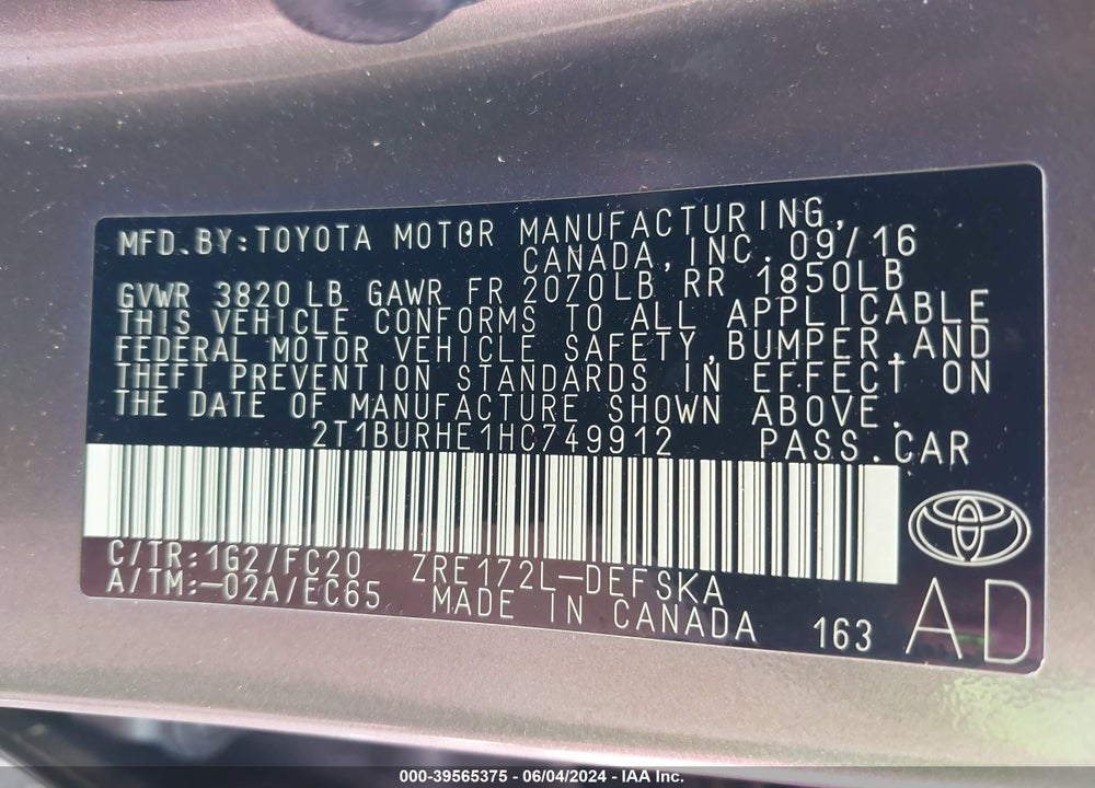 2017 TOYOTA COROLLA SE VIN: 2T1BURHE1HC749912
