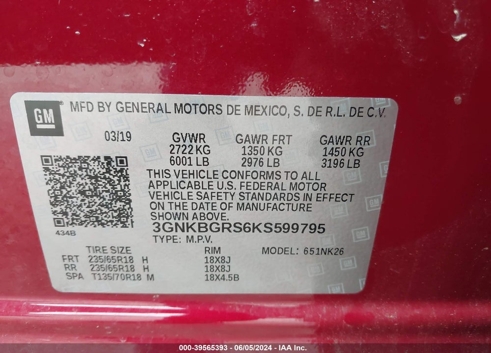 2019 CHEVROLET BLAZER VIN: 3GNKBGRS6KS599795