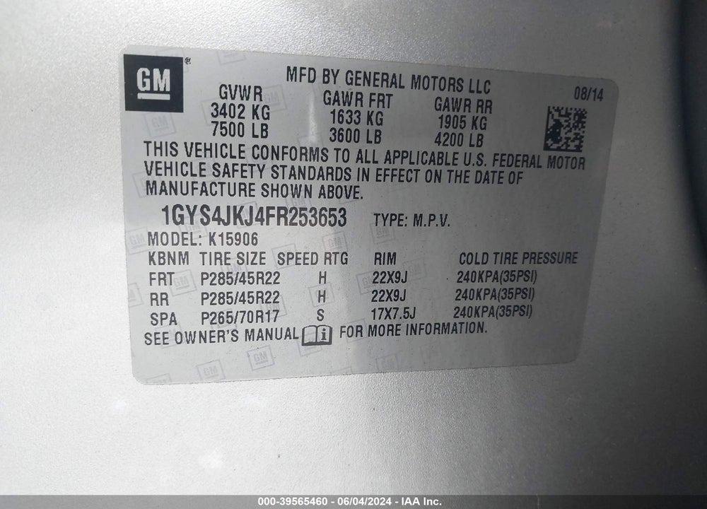 2015 CADILLAC ESCALADE ESV PREMIUM VIN: 1GYS4JKJ4FR253653